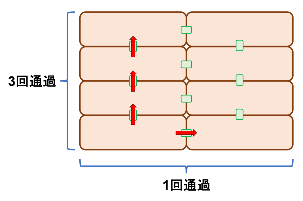 異方性伝導(anisotropic conduction)
長軸方向：興奮波が細胞の長軸方向に進むと、細胞内を進む距離が長いので細胞間の接合部(gap junction)を通過する回数が相対的に少なくなります。細胞質の抵抗は小さいため、伝導が速くなります。

短軸方向：同じ距離を進むのに、多数の細胞間接合部を次々と通過しなければなりません。接合部の抵抗が大きいため、伝導が遅くなります。